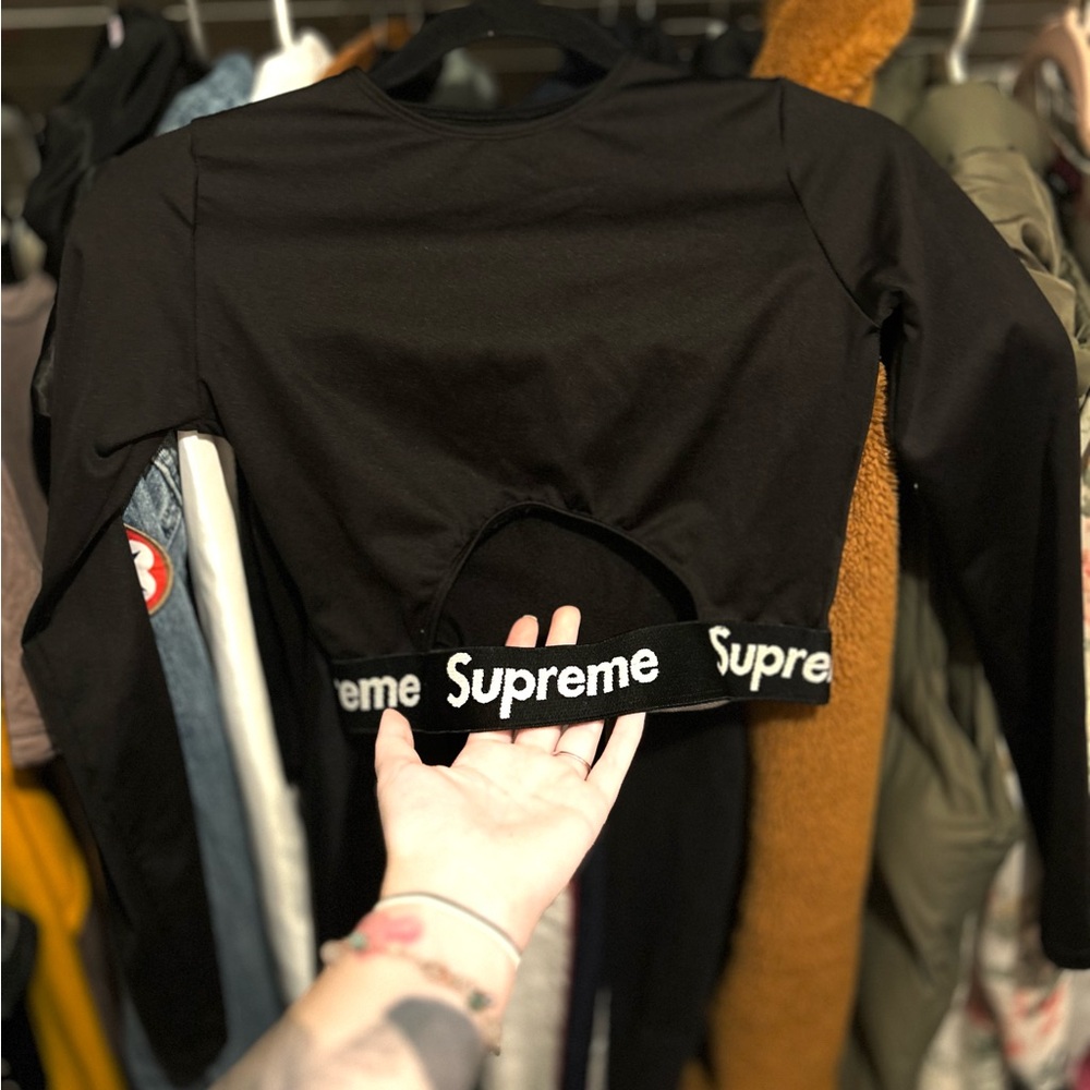 FRANKE COLLECTIVE reworked SUPREME black long sleeve crop top with Logo Band